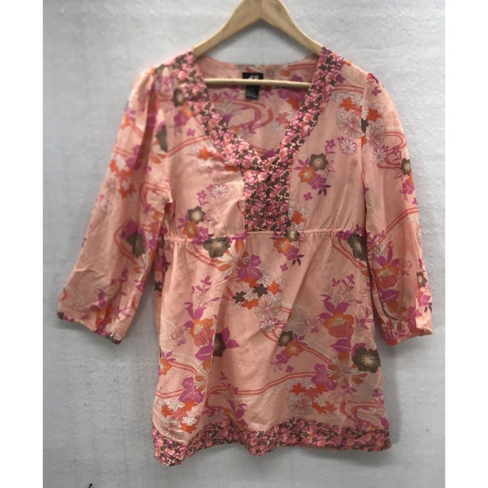 H&M Womens Blouse Size 8 Pink Floral Blouson 3/4 Sleeve Romantic Layering Boho